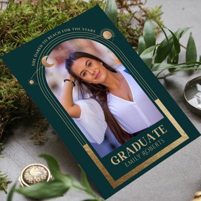 Invitación Graduación Green Gold Sun Moon Stars Grad Photo (Subido por el creador)