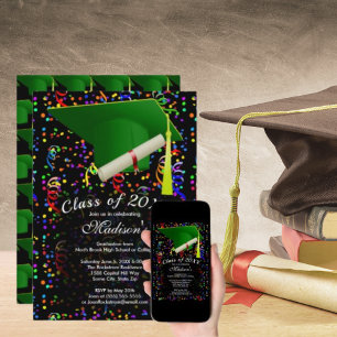 Invitación Graduación Green Grad Cap Diploma Confetti Fiesta