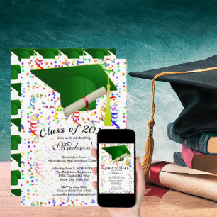 Invitación Graduación Green Grad Cap Diploma Confetti Fiesta