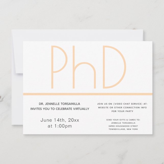 Invitación Graduación gris crema blanca de doctorado virtual (Anverso)