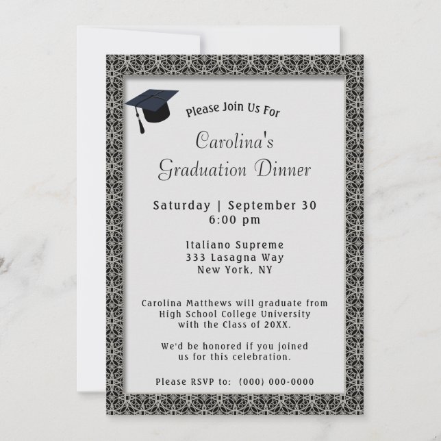 Invitación Graduación gris del tapón de la cena del marco neg (Anverso)
