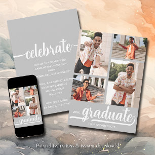 Invitación Graduación Gris moderna de 4 Collages de fotos