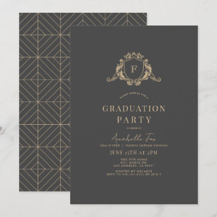 Invitación Graduación gris oscuro en monograma Escudo de oro