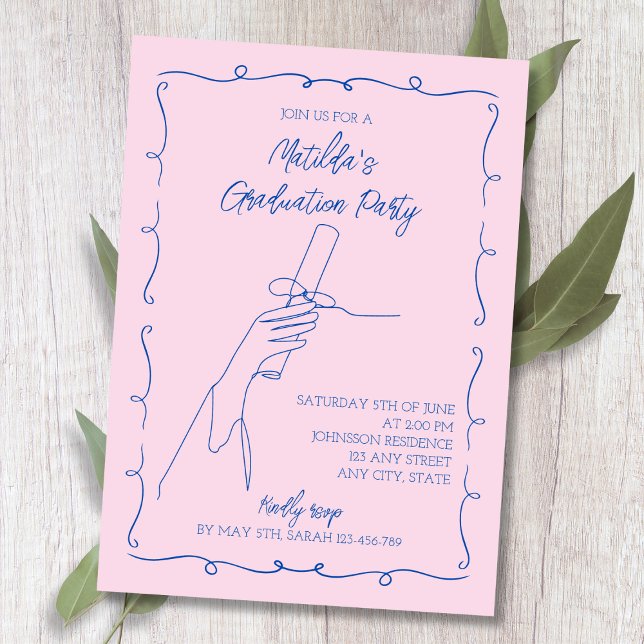 Invitación Graduación Hand Drawn Pink & Blue 2024 (Hand Drawn Pink & Blue 2024 Graduation Invitation)