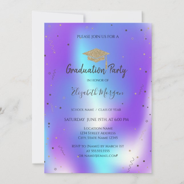 Invitación Graduación Holográfica Stars Confetti Grad Cap (Anverso)