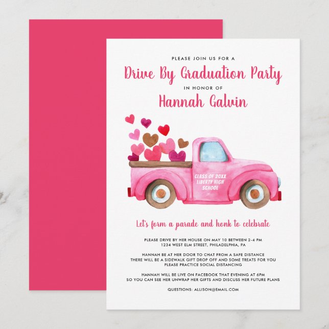 Invitación Graduación Impulsada Por Carros De Camión Rosa (Anverso / Reverso)