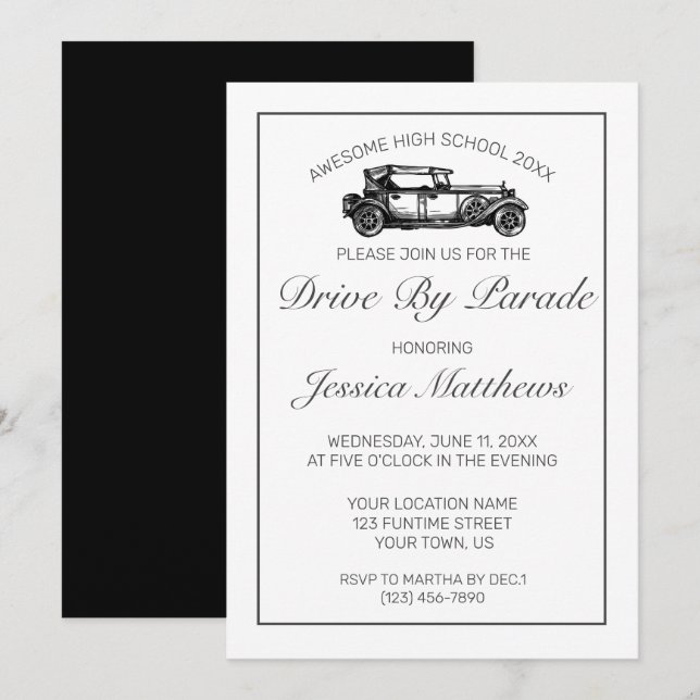 Invitación Graduación Impulsada Por Desfile Blanco Minimalist (Anverso / Reverso)
