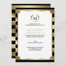 Invitación Graduación Laurel Monogramado Negro y Oro