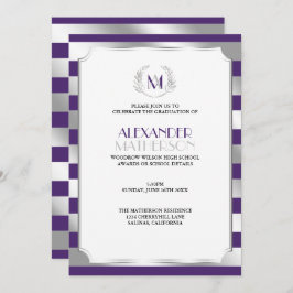Invitación Graduación Laurel Monogramado Púrpura y Plata