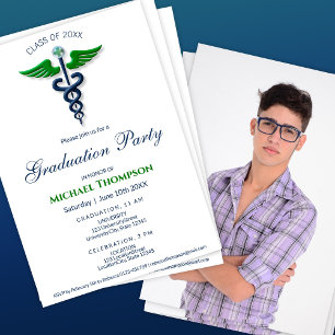 Invitación Graduación Médica Caduceo Azul Verde   Foto