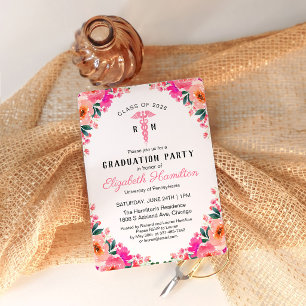 Invitación Graduación Médica de Enfermería Floral Rosa  