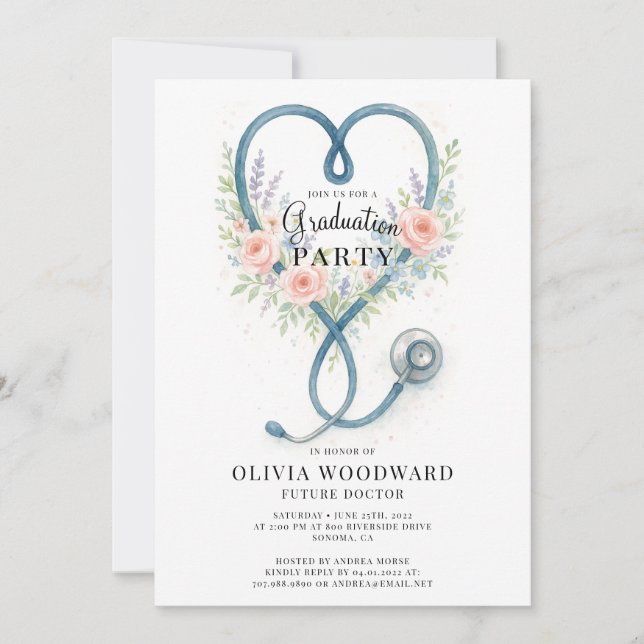 Invitación Graduación Médico de estetioscopio floral (Anverso)