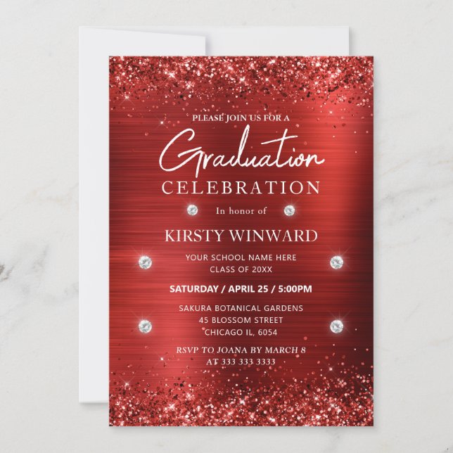 Invitación Graduación Metalizado y Purpurina cepillado rojo (Anverso)
