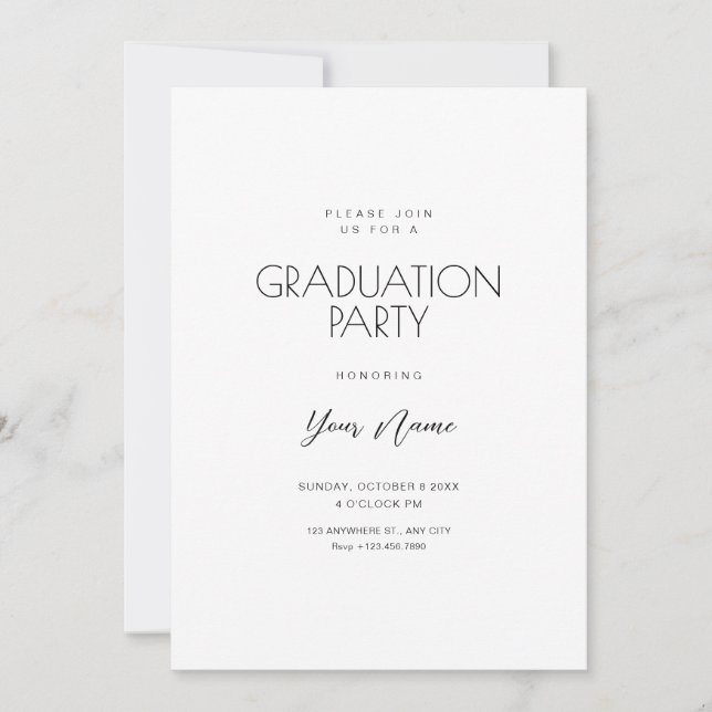 Invitación Graduación minimalista blanca simple (Anverso)
