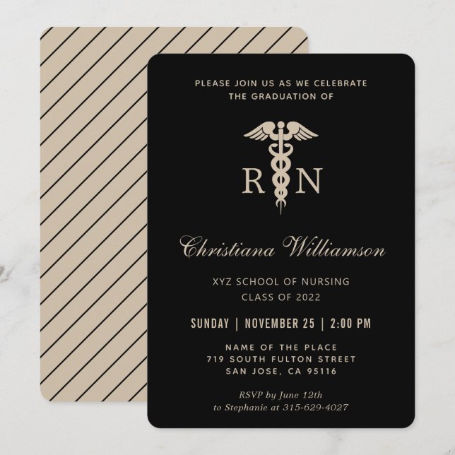 Invitación Graduación Minimalista de la enfermera Caduceus de (Anverso / Reverso)