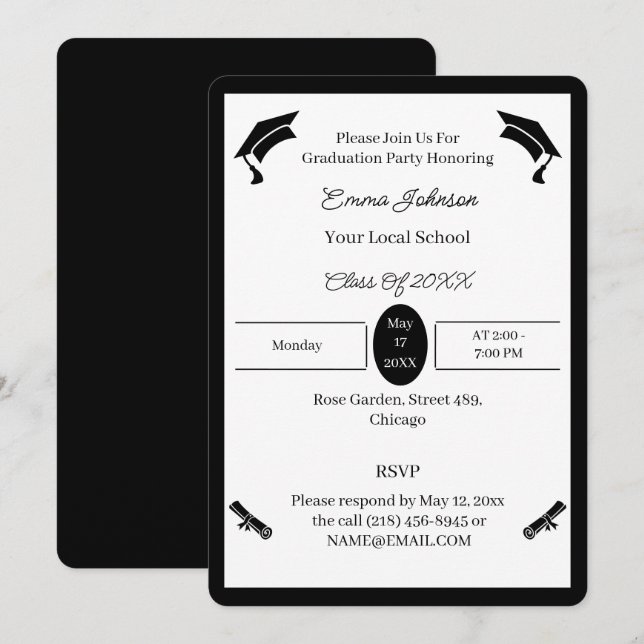 Invitación Graduación minimalista De Personalizados Blancos Y (Anverso / Reverso)