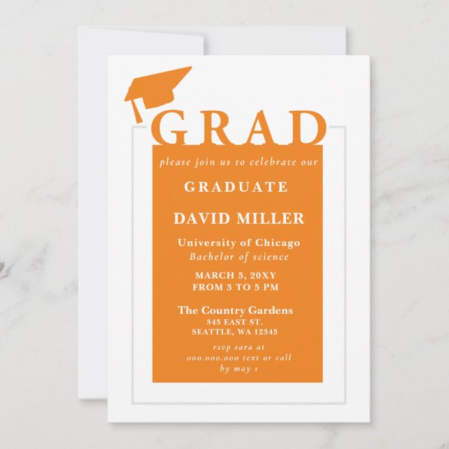 Invitación Graduación Minimalista moderna de naranja (Anverso)