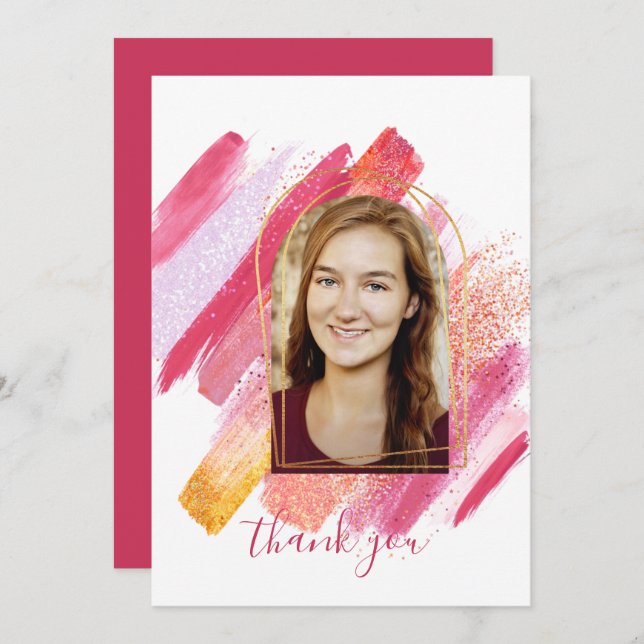 Invitación Graduación Moderna Con Arco De Oro Y Rosa Gracias  (Anverso / Reverso)