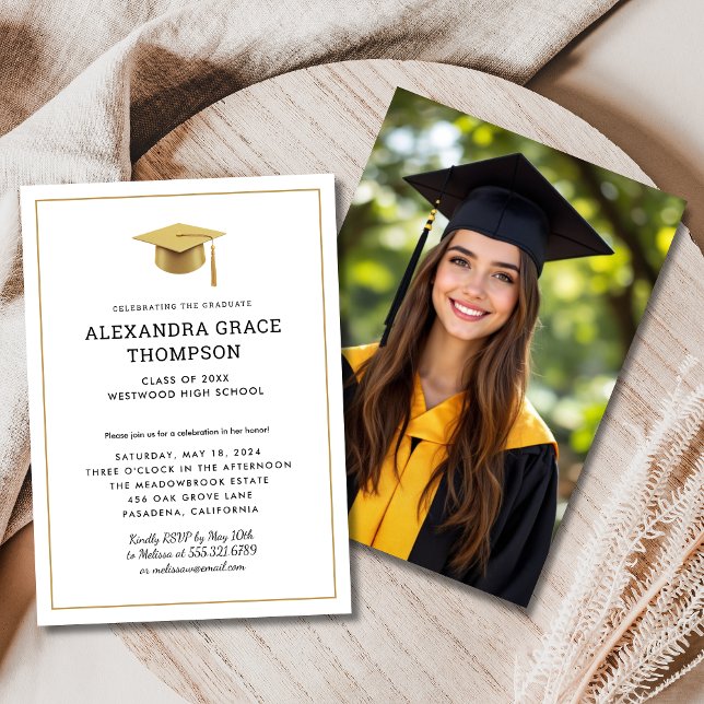 Invitación Graduación moderna con foto blanca de oro minimali (Subido por el creador)