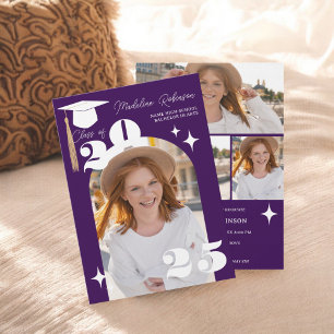 Invitación Graduación moderna de 4 fotos de Boho morado Stars