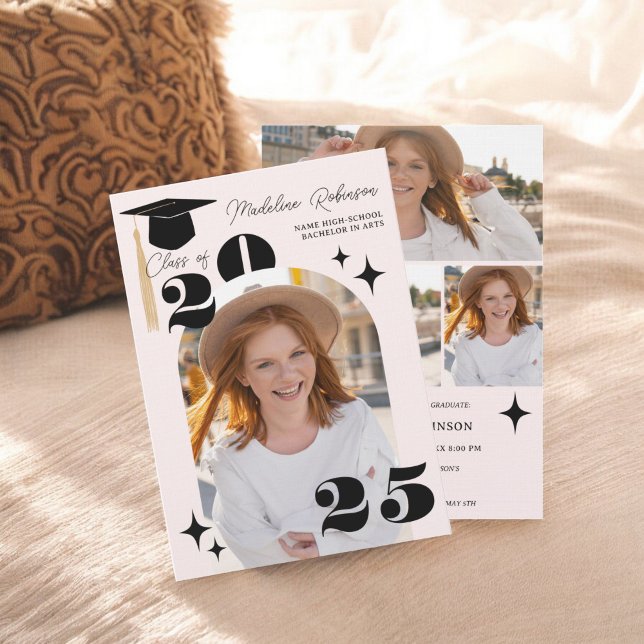 Invitación Graduación moderna de 4 fotos de Boho Pink Stars (Boho Pink Stars Modern 4-Photo Graduation Invitation)