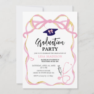 Invitación Graduación moderna de enfermería RN rosa y dorada