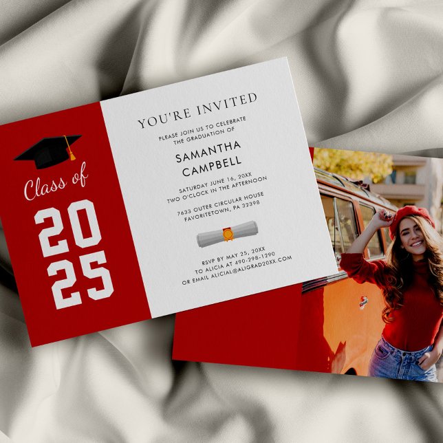 Invitación Graduación moderna de fotografía de grado 2025 (Graduation 2025 Red and White Party Invitation)