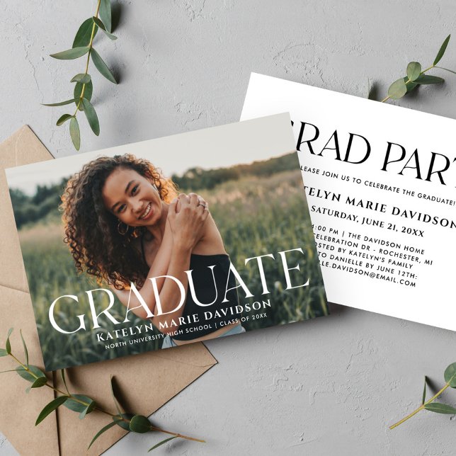 Invitación Graduación moderna de fotografía de graduado de Wh (Subido por el creador)