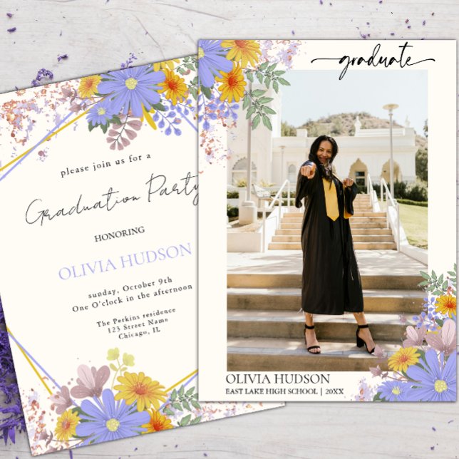 Invitación graduación moderna de fotos de acuarela floral sil (Subido por el creador)
