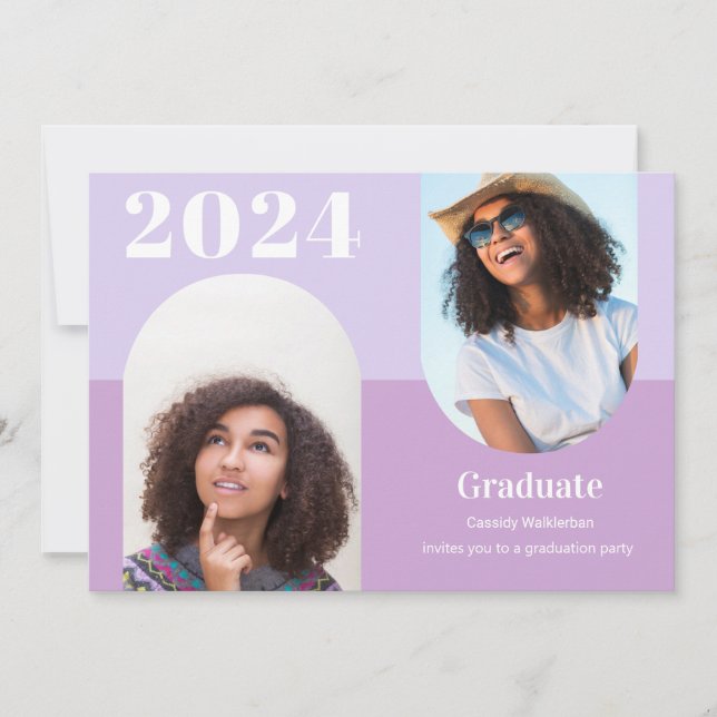 Invitación Graduación moderna de fotos en arco morado (Anverso)