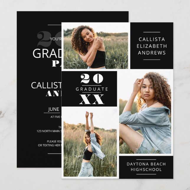 Invitación Graduación moderna de la cuadrícula fotográfica bl (Anverso / Reverso)