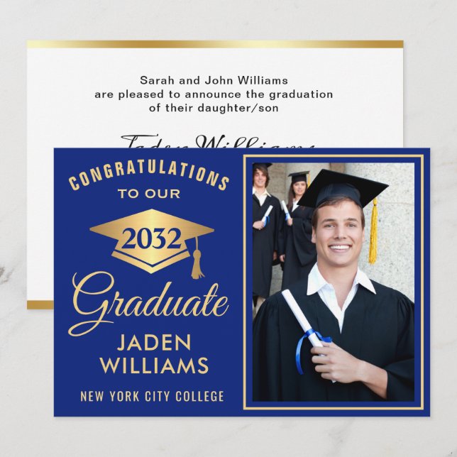 Invitación Graduación moderna de la foto azul dorado (Anverso / Reverso)