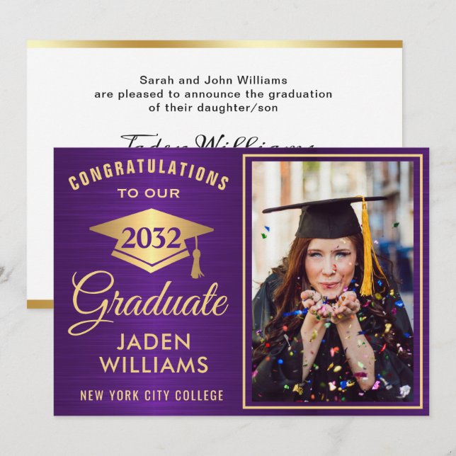 Invitación Graduación moderna de la foto de Golden Purple (Anverso / Reverso)