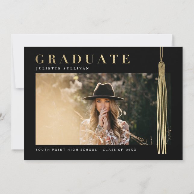 Invitación Graduación moderna de Oro y Fotografía en Negro (Anverso)