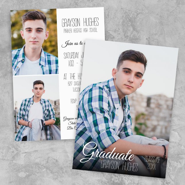 Invitación Graduación moderna en blanco y negro 3 con estilo  (Modern Graduation Invitation for Guys or Girls with Script and Trendy Typography)