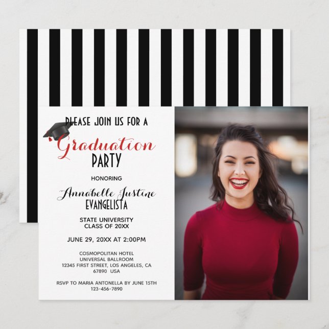 Invitación Graduación moderna en franjas blanco y negro (Anverso / Reverso)