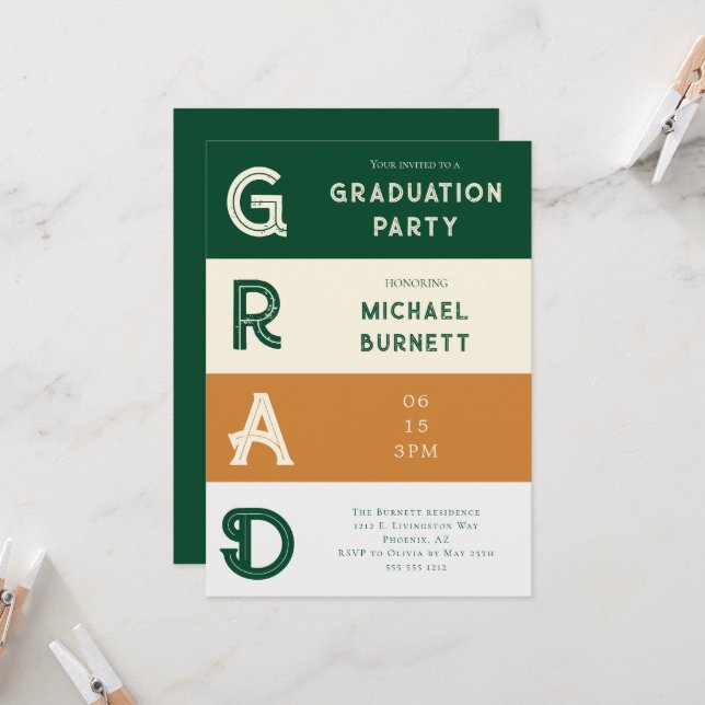 Invitación Graduación moderna en rayas verdes (Anverso/Reverso In Situ)