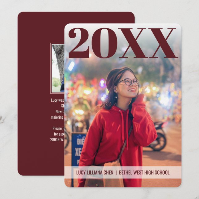 Invitación Graduación moderna | Maroon | 2 Foto | PERSONALIZA (Anverso / Reverso)