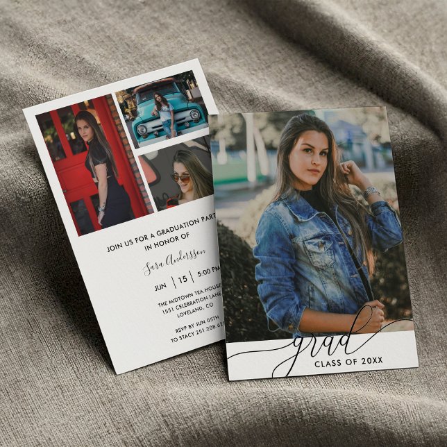 Invitación Graduación moderna Minimalista de 4 fotos en blanc (Modern Black and White Minimalist 4 Photo High School or College Graduation Party Invitation )