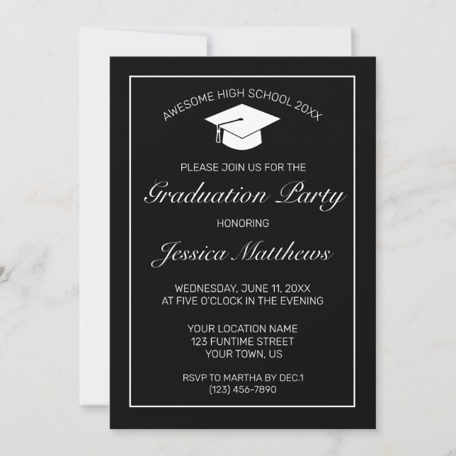Invitación Graduación moderna Minimalista en blanco negro (Anverso)