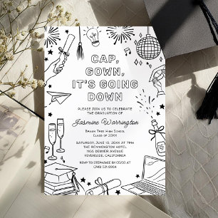 Invitación Graduación Moderna Negra Caprichosa Doodle