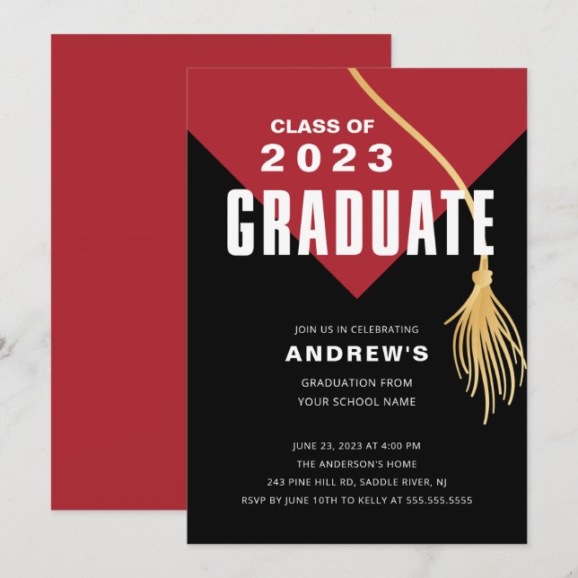Invitación Graduación moderna negrita del tapón rojo (Anverso / Reverso)
