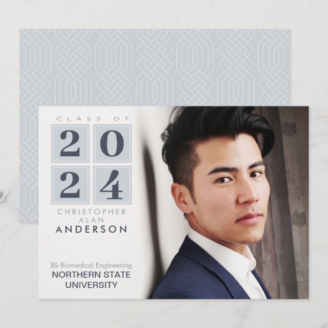 Invitación Graduación | Moderna Plaza Gris y foto de la Marin (Anverso / Reverso)