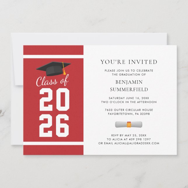 Invitación Graduación Moderna Simple Rojo Blanco 2026 (Anverso)