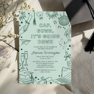 Invitación Graduación Moderna Verde Caprichosa Doodle