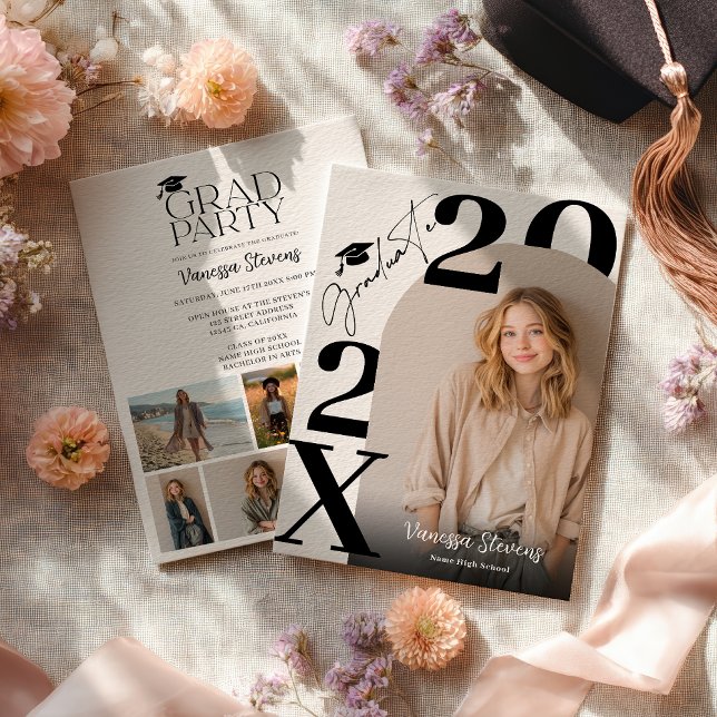 Invitación Graduación moderna y audaz en blanco y negro con 6 (Modern Bold Black white Trendy 6 photos graduation Invitation)