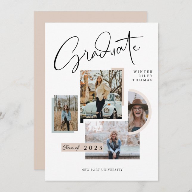 Invitación Graduación moderna y elegante de cuatro Collages d (Anverso / Reverso)
