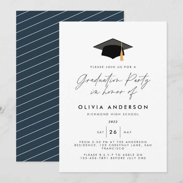 Invitación Graduación moderna y elegante fiesta azul marino (Anverso / Reverso)
