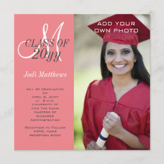 Invitación Graduación Monograma Foto Coral Rosa