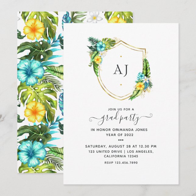 Invitación Graduación Monograma Tropical en Playa de Verano (Anverso / Reverso)